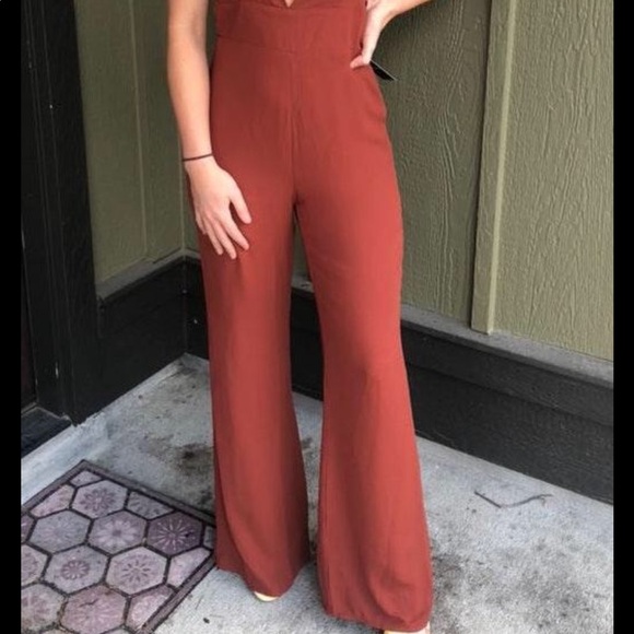 Rust Colored Halter Wide Legged Backless Jumpsuit - Picture 2 of 4